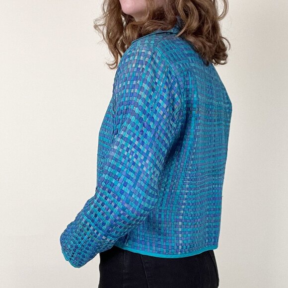 Vintage 100% Silk Woven Blazer Jacket Coat Cropped Open Boho Fairycore Whimsical - Picture 3 of 7